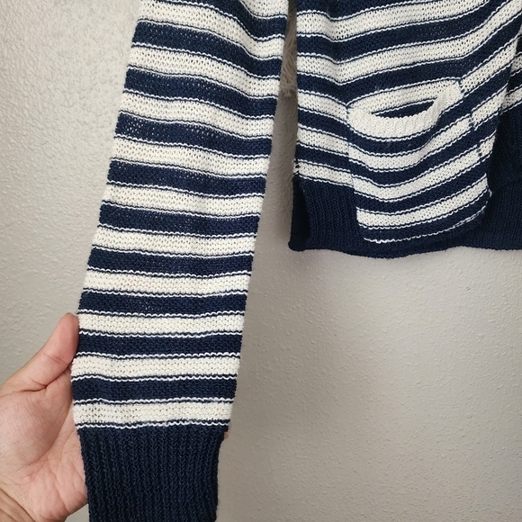 360 Sweater Linen Blend Nautical Stripe Open Knit Crop Button Front Cardigan S - Picture 7 of 10